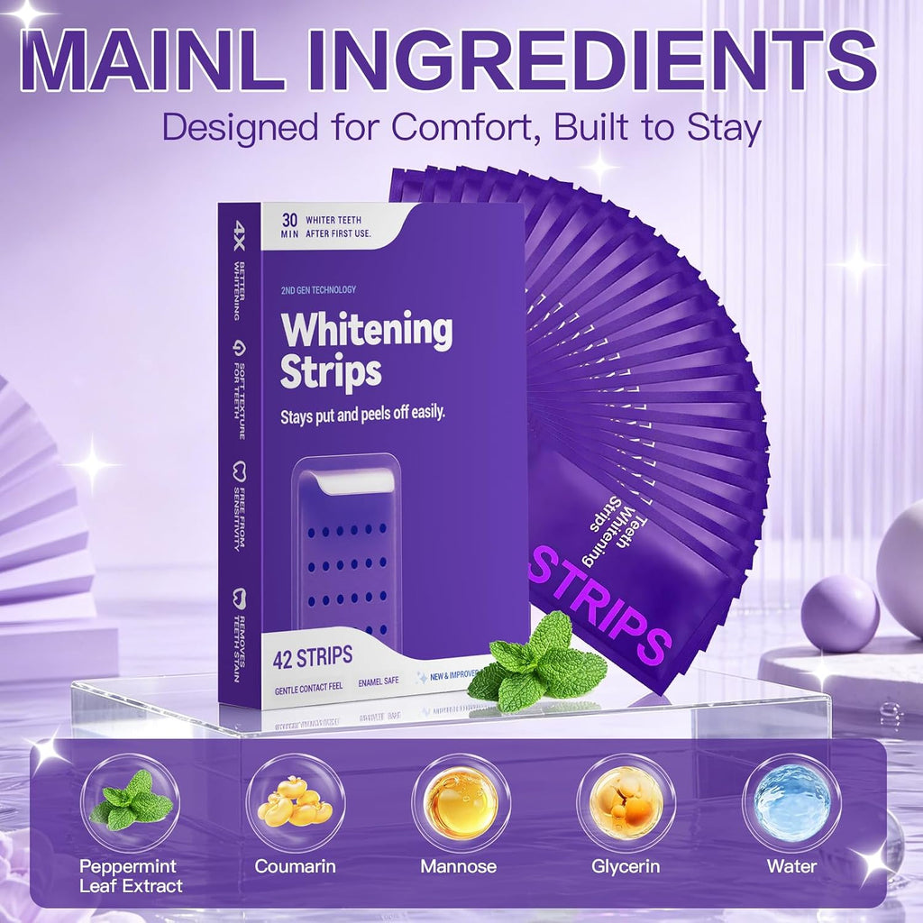 Purple Teeth Whitening Strips 21 Treatments, Enamel Safe - Non Sensitive Teeth Whitening - Non Slip Whitener Strips for a Brighter Smile (Pack of 42 Strips)
