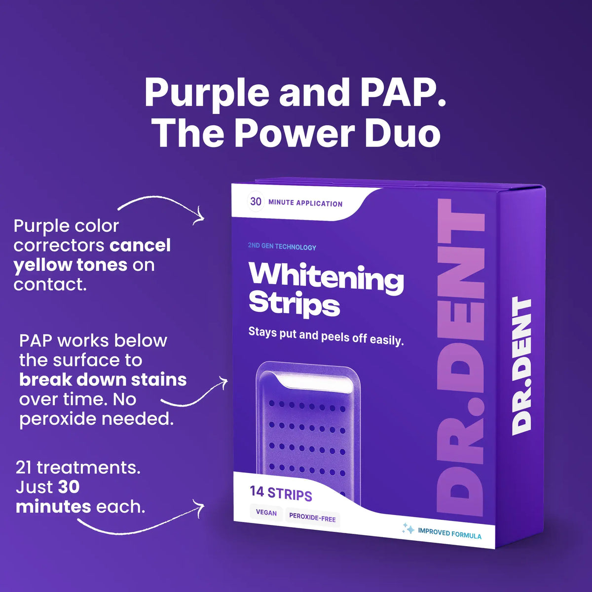 DRDENT Purple Oral Teeth Whitening Strips - 7/21 Sessions - Gentle Non-Sensitive, Peroxide-Free, Radiant Teeth Whitening Solution
