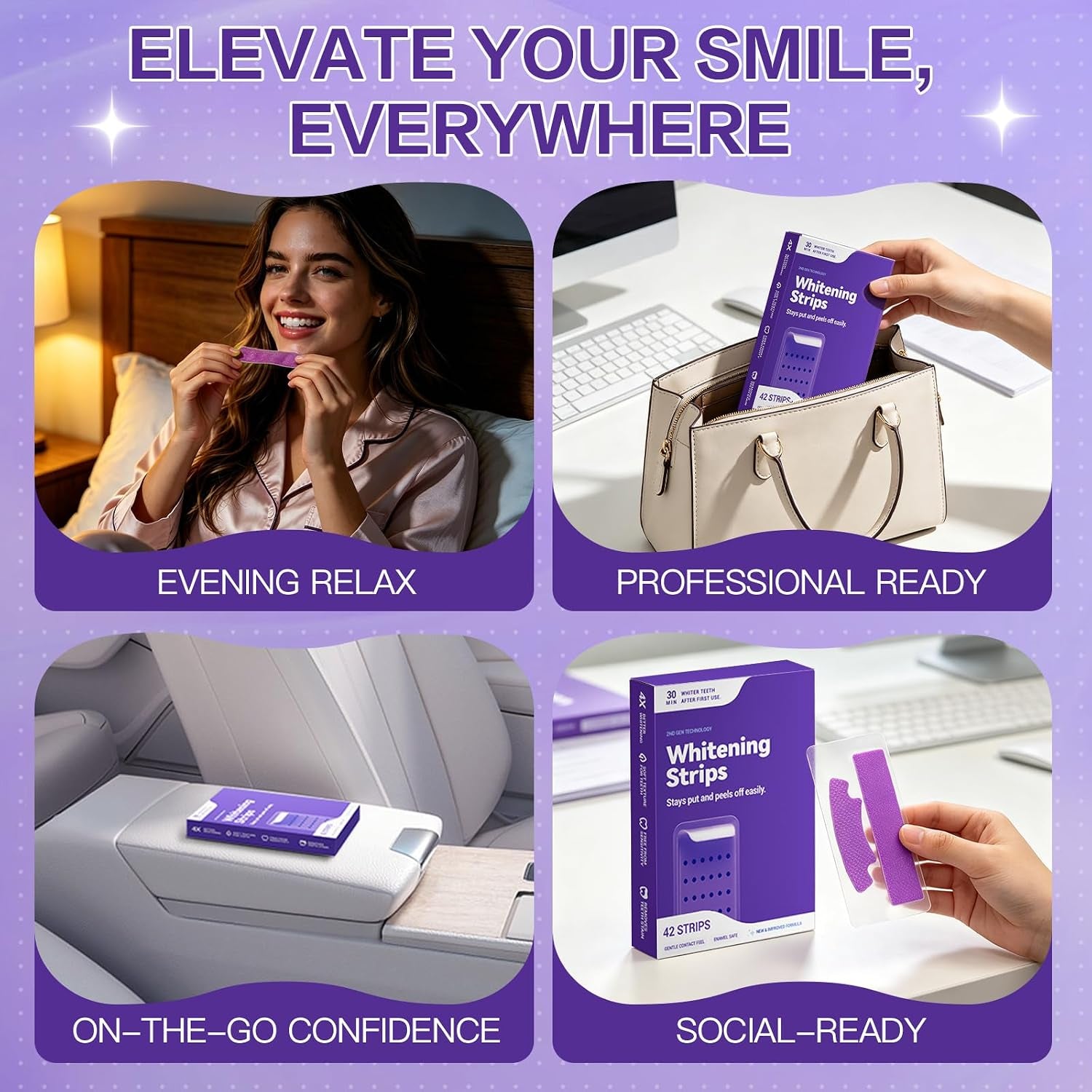 Purple Teeth Whitening Strips 21 Treatments, Enamel Safe - Non Sensitive Teeth Whitening - Non Slip Whitener Strips for a Brighter Smile (Pack of 42 Strips)
