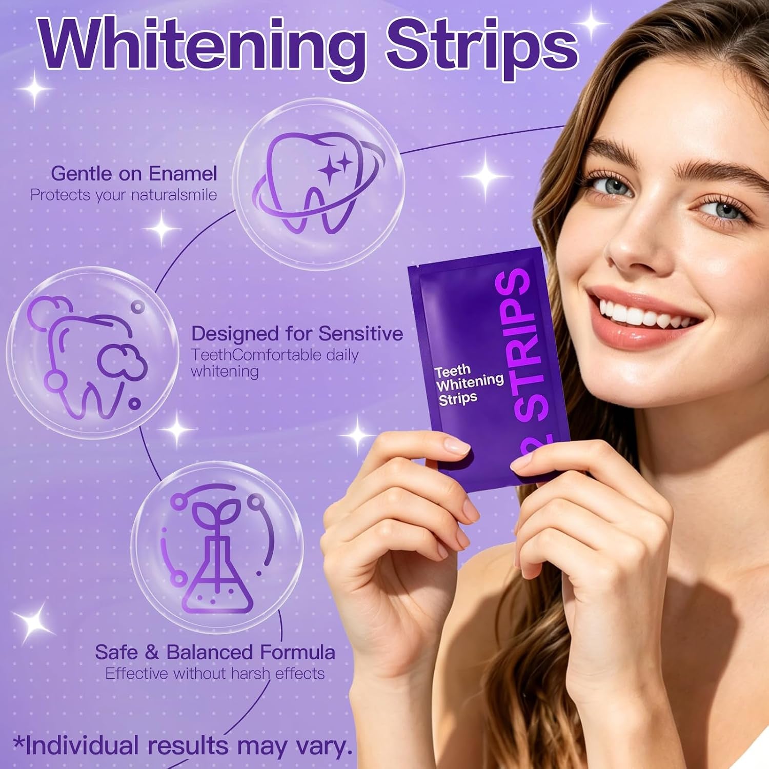 Purple Teeth Whitening Strips 21 Treatments, Enamel Safe - Non Sensitive Teeth Whitening - Non Slip Whitener Strips for a Brighter Smile (Pack of 42 Strips)